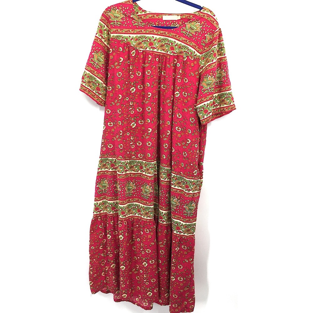 la Cera tapestry print boho muumuu house dress floral hippy granola cotton XL